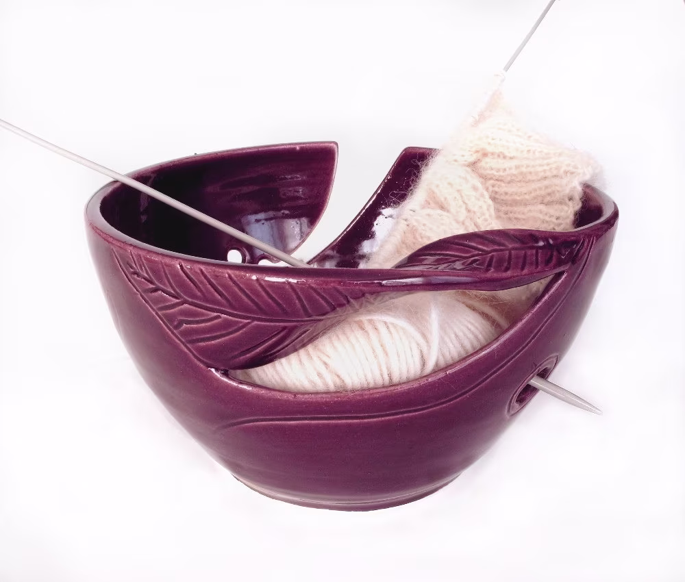 Yarn Bowl, Knitting Eggplant Purple Large Odorless Clean Ceramic, Pottery Crochet Organizer Twisted Leaf - Made To Order For You