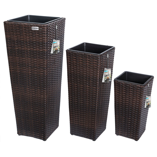 Poly Rattan Planter Set 3 Pcs Flower Outdoor Garden Patio Planters Square Tube Brown