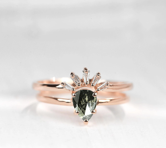 Pear Cut Salt & Pepper Diamond Ring Tapered Baguette Wedding Band | 9K/14K/18K Rose Gold Curved