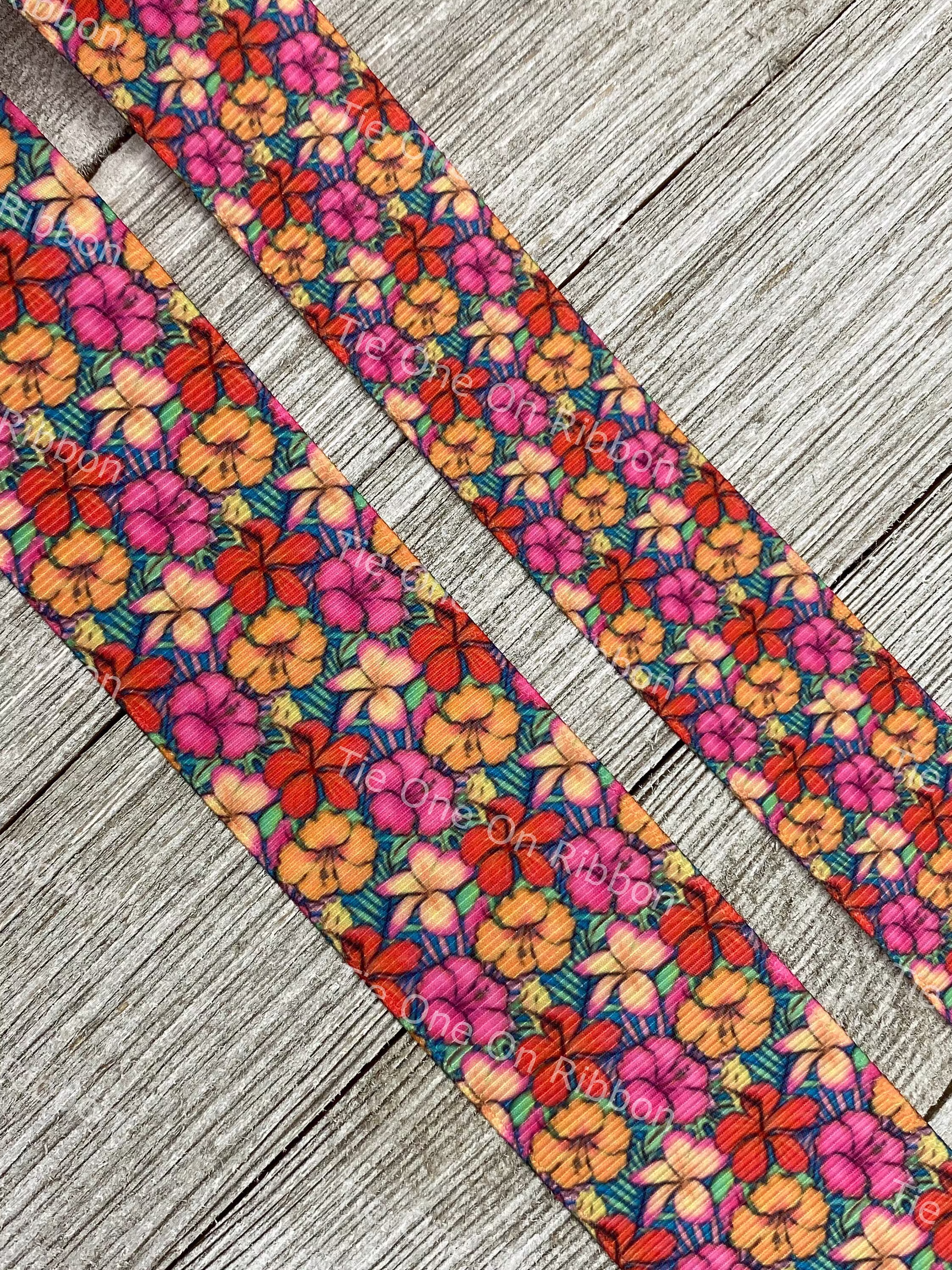 Tropical Orange & Pink Hibiscus Printed Grosgrain Ribbon - 5/8 7/8" 1" 1.5