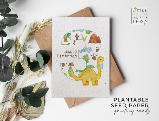 Plantable Flower Seed Paper Cards A6 - Birthday Dinosaurs 3 Birthday, Kids, Boys, Friends, Greeting, Gardening, Eco-Friendly, Biodegradable
