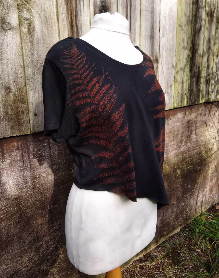 Organic Cotton Eco Printed Fern Pixie Psy Trance Asymmetrical Crop Top T-Shirt Festival Hippie Goa Yoga