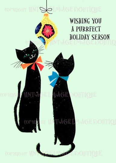 Fabulous 1950's Kitschy Illustration Of Two Black Cats Under A Christmas Bauble Ornament Seasonal Winter Solstice Holiday 5x7 Greeting Card