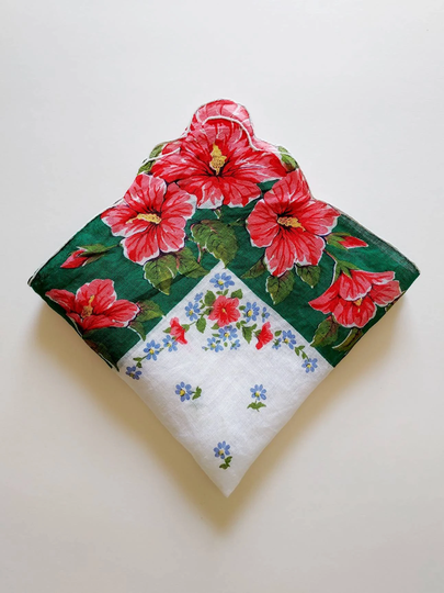 Pink Hibiscus Printed Cotton Handkerchief, Vintage Spring Wedding Accessory, Hawaiian Gift, Hankie