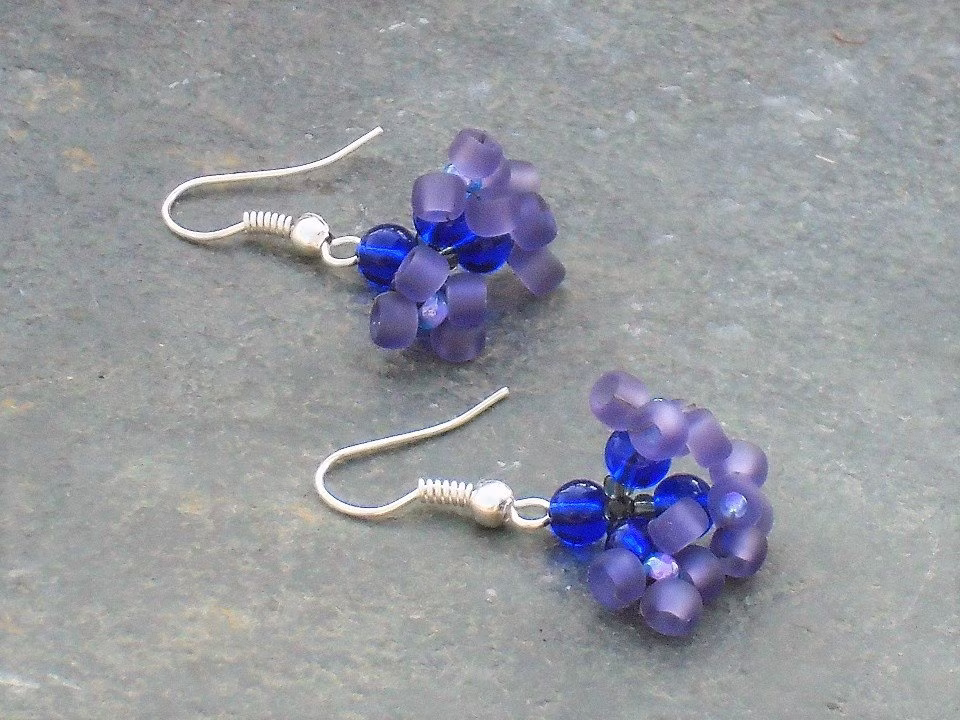 Hyacinth Earrings, Crystal Glass & Seed Bead in Cobalt Blue, Grey Blueberry Seed Beads, UK Seller