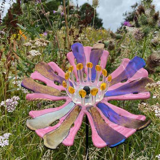 Organic Fused Glass Flower Sculpture Pink & Purple Iridescent Variation