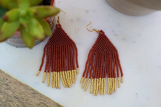 Chandelier, Fringe, Seed Bead Earrings in African Sunset & Gold