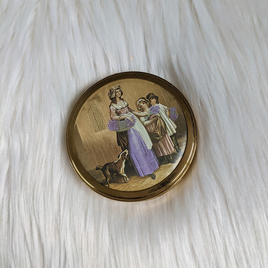 Vintage Yardley Lavender Seller Gold Tone Metal Powder Compact, Cosmetic Make Up Mirror - Lady, Children & Dog Pocket Handbag 1960's