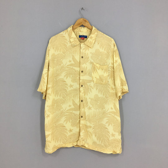 Vintage Puritan Floral Rayon Hawaii Shirt Xlarge 90's Aloha Surfing Hibiscus Leaves Buttondown Size Xl