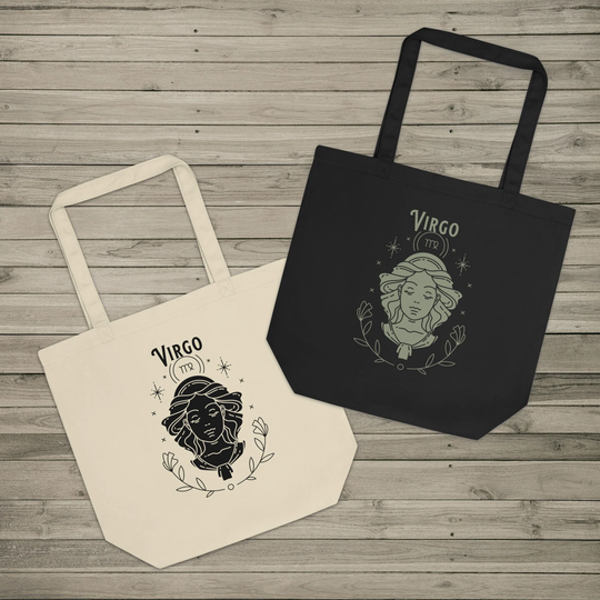 Virgo Zodiac Eco Friendly Organic Cotton Canvas Reusable Tote Bag, Astrology Market Shopping Horoscope Witchy Sustainable Gift