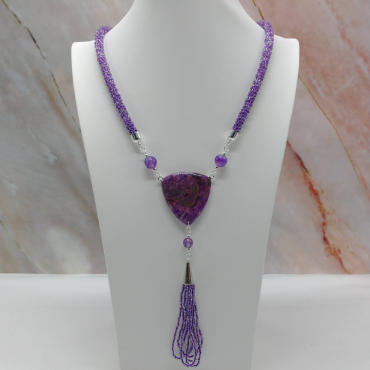 Gemstone Dark Purple Seed Bead Spiral Crochet Beaded Tassel Necklace, Jewelry, Statement Necklace