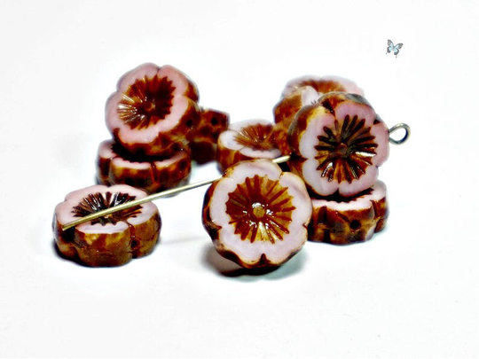 14mm Pink W/Picasso Finish Hibiscus Hawaiian Flower Czech Glass Beads | 6Pc, Diy Jewelry Bead Supply