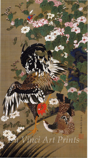 Japanese Art. Fine Art Reproduction. Hibiscus & A Pair Of Chickens, C.1760 By Ito Jakuchu. Print