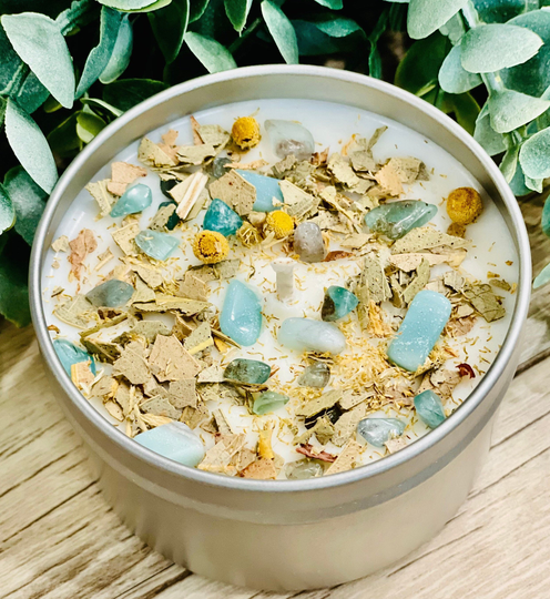 Eucalyptus Aromatherapy Soy Candle | Crystal & Herb Apatite Amazonite Throat Chakra Balancing |Peppermint| Chamomile