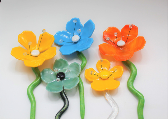 Glass Hibiscus Flower, Plant Stake, Yellow Blue Orange Flower Garden Art, Gift, Yard Decor, Indoor Stake