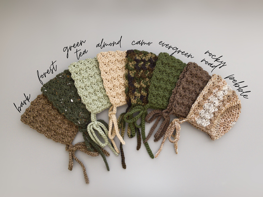 Crochet Baby Bonnets in Almond, Bark Brown, Forest Green, & Camo From Sizes Newborn To Toddler, Gender Neutral Handmade Shower Gift