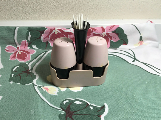Vintage Mid Century Pink & Black Salt, Pepper, Toothpick Caddy Set