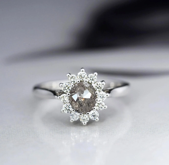 Oval Salt & Pepper Diamond Engagement Cluster Ring in 9K/14K/ 18K Gold Or Platinum | 7x5mm Grey Bridal Promise For Her