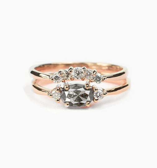 Salt & Pepper Diamond Engagement Ring Alternative Wedding Band | Oval Galaxy Rose Gold Vintage