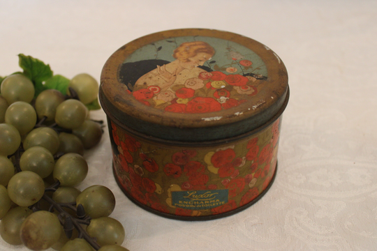 Antique Luxor Encharma Tin Powder Box Adorned With Beautiful Lady & Flowers - Poudre De Toilette