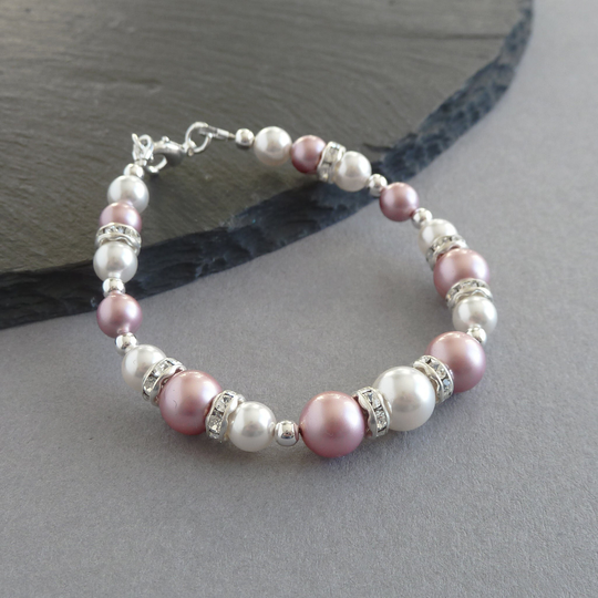 Dusky Pink Bracelet - Powder Rose Pearl & Crystal Bridal Party Gifts Dusty Bridesmaids Jewellery For Women Blush Wedding