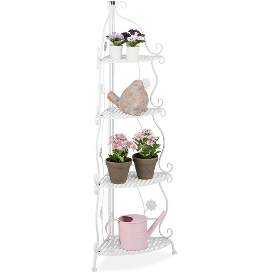 Relaxdays - Metal Plant Stand, 4 Tiers, Decorative Rack, Indoor & Outdoor, HxWxD: 113.5 x 31 x 31 cm, Corner Shelf, White