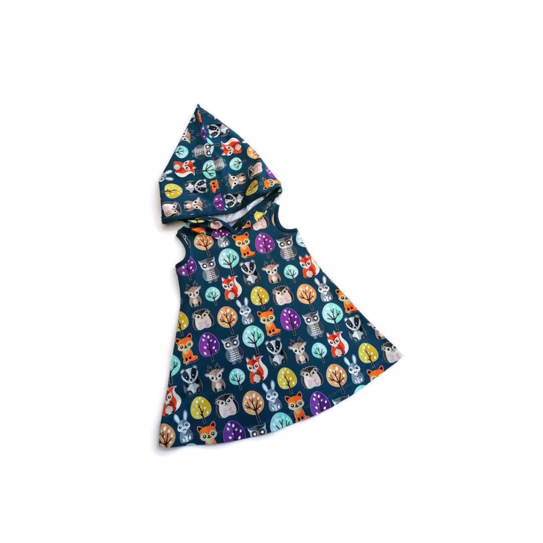 Woodland Animal Pixie Dress, Organic Cotton Hood Handmade in The Uk, Owls, Hedgehogs, Badgers, Squirrels, Rabbits & Deer