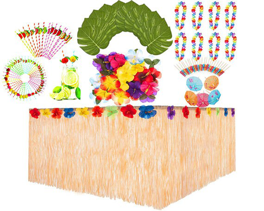Hawaiian Package - 127Pc Set Table Skirt, Leis, Flowers, Leaves, Fruit Straws, Umbrella Sticks Summer, Hawaiian, Tiki Tableware