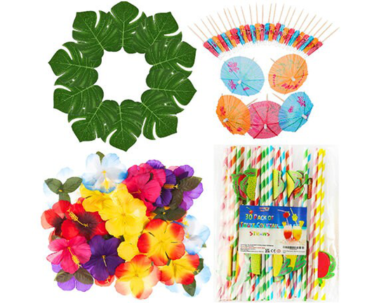 Hawaiian Party Supplies - 114Pc Flowers, Leaves, Mini Umbrella Sticks, Paper Fruit Straws, Tiki Decorations , Accessories