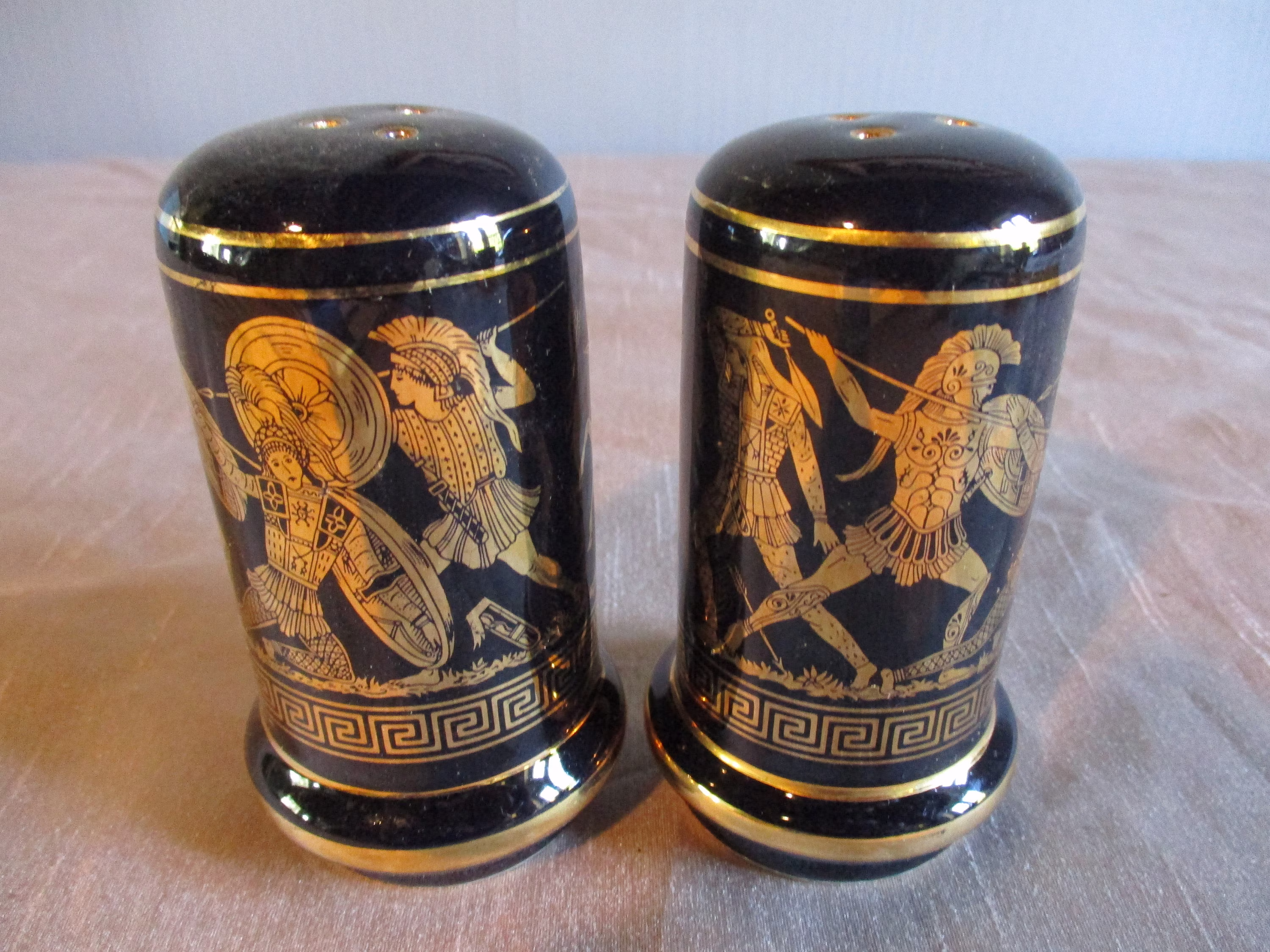 A Delightful Vintage Porcelain Pepper & Salt Set/Sel & Shakers With Greek Mythology Motifs, Made in France