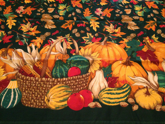 Fabric Fall Season Basket Pumpkins Apples Corn Nuts Berries Squash Acorns Leaves Pine Cones Print 32" X 60