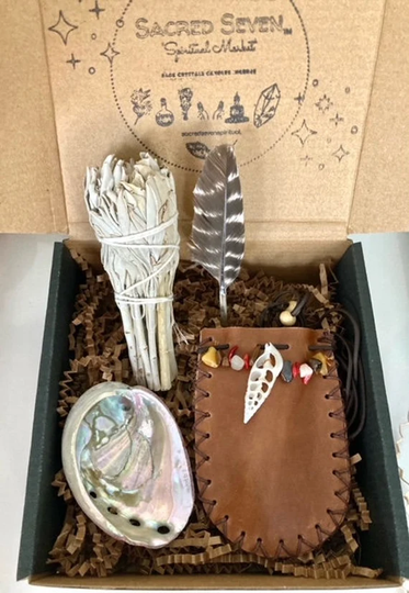 Smudge Starter Kit, Leather Pouch, Sage Gift Set, Box, Wand