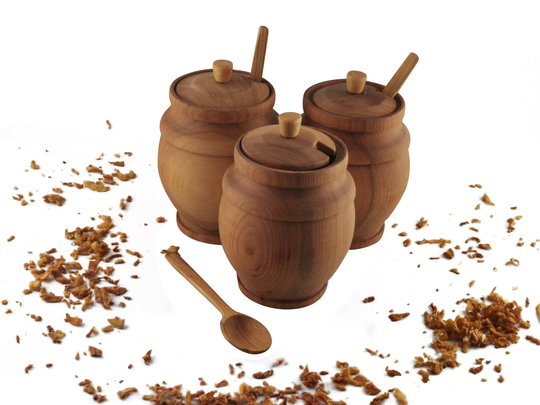 Reduced To Clear 3Pcs Wood Spice Condiment Jars Salt Candy Treat Jar Holder