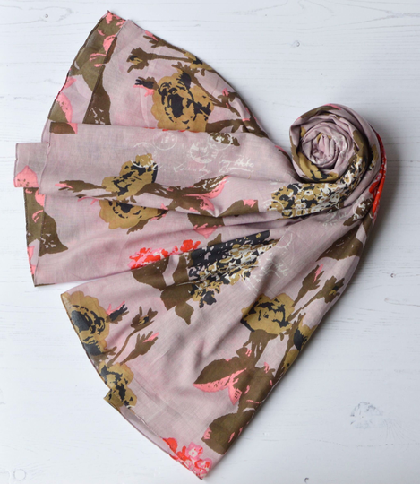 Organic Cotton Scarf Large Mauve Pink Floral Wrap With Rolled Edges