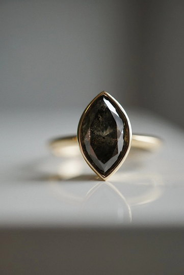 Bezel Set Marquise Cut Ring Salt & Pepper Engagement 14K Gold Anniversary Gift Wedding Bridal Promise Solitaire