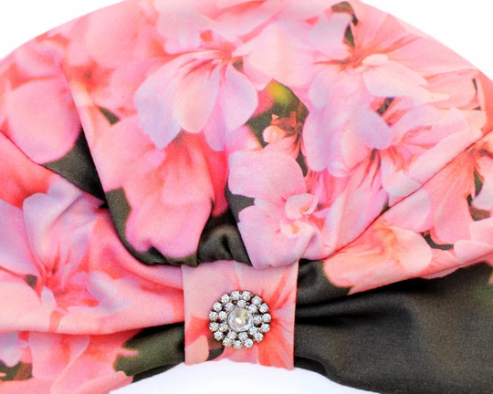 Turban Hat - Women's Organic Cotton Headwrap Geranium Floral Print Hair Wrap Wearable Art