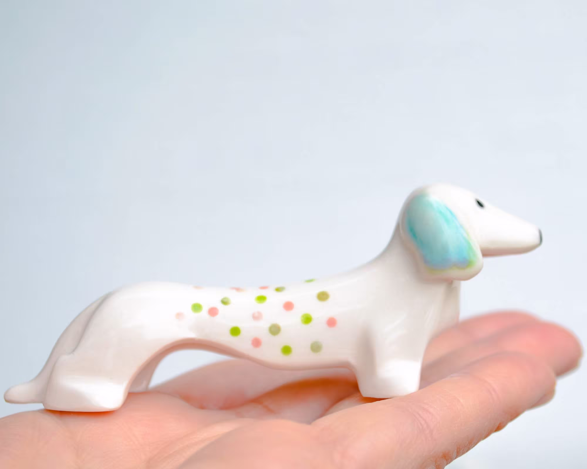 Miniature Dachshund Dog Figurine, Sausage Wiener Dog Decoration Blue Dots Handpainted Pet Porcelain Studs Ceramic Collectible Gift Women