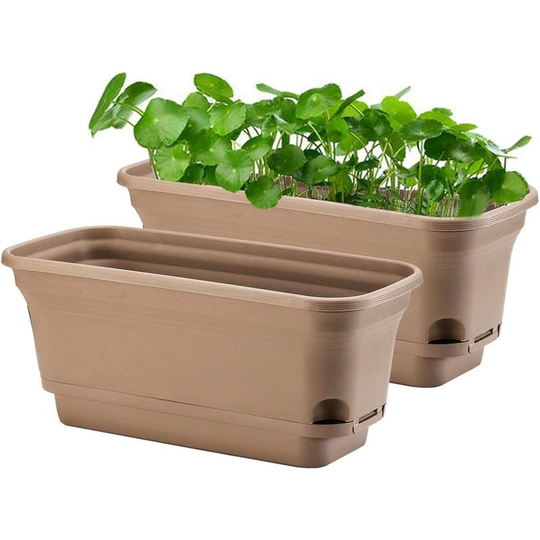 Devenirriche - 40CM Self-Watering Plant Pot Rectangular Plastic Planters, Modern Decorative Flower Pot for All Plants, Flowers, Herbs - Brown, Set of