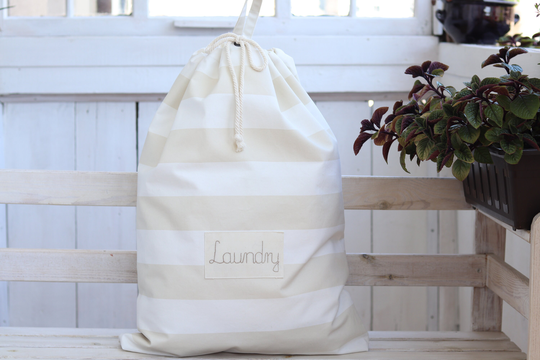 Personalized Laundry Hamper, Cotton Beige Stripes Laundry Organizer For Dirty Clothes, Nursery Storage