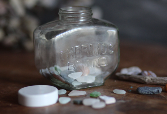Vintage Themos Brand' Storage Jar. Glass Bottle. With Lid. Small Storage. Trinket Container. Wide Necked. Circa 1960S