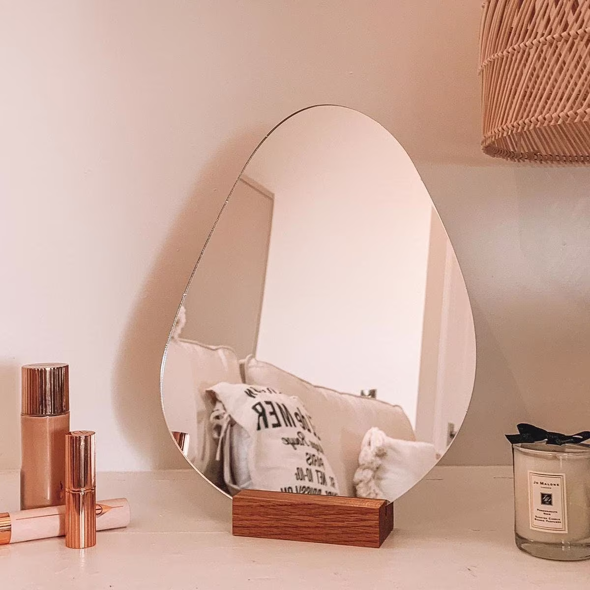 Personalised Organic Shaped Mirror Nordic Scandinavian Style Table Top Wooden Stand