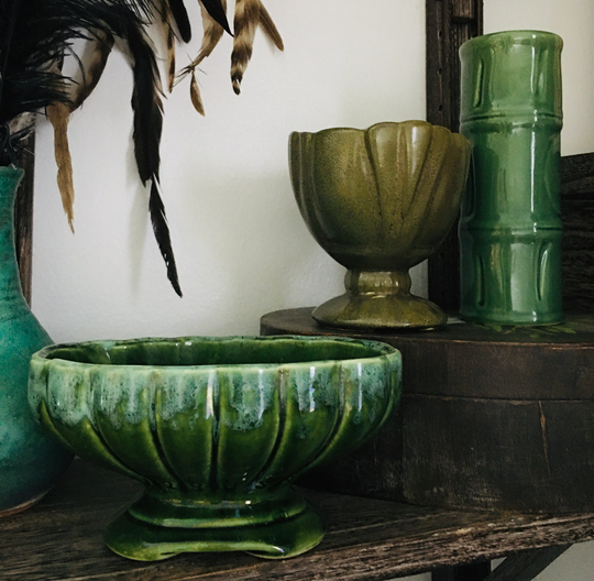 Vintage Moody Green Ceramic Pottery Vases - Wedding Arrangements Centerpieces Planters Libby Usa- 3 Coordinating