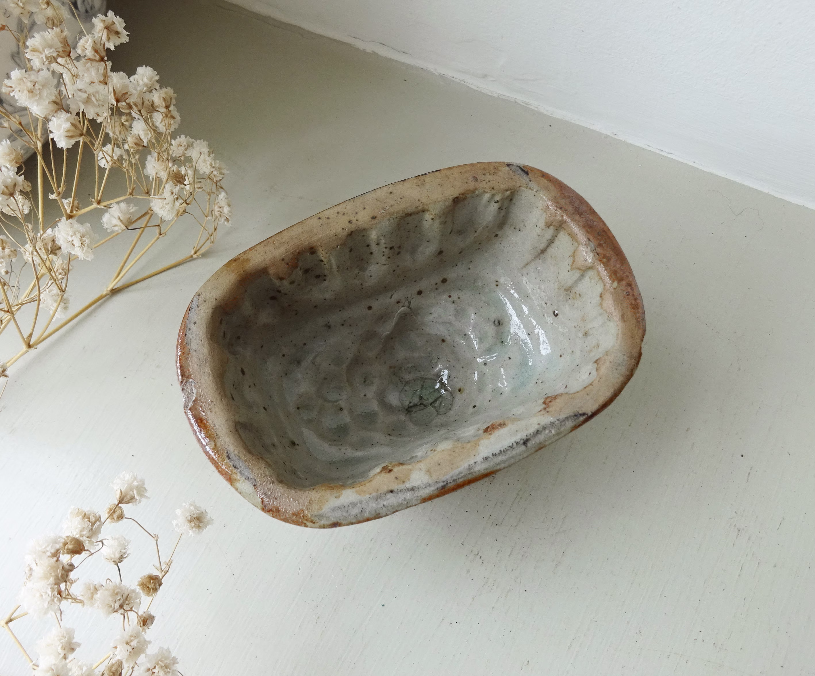 Victorian Small Oblong Stoneware Jelly Mould, Bunch Grapes Pattern, Rustic Salt Glazed Pottery, Child Sized Mold, Individual Mould