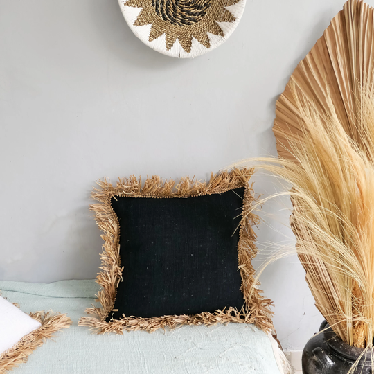 Konde Black Organic Cotton Fringed Pillow Cover - Boho Decorative Bohemian Throw Raffia Case Jute