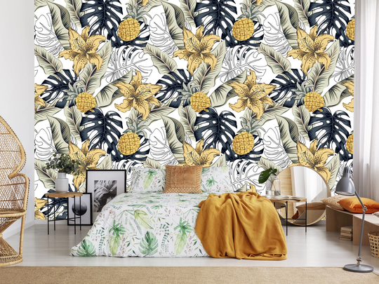 Tropical Hibiscus & Pineapple Pattern Wallpaper | Self-Adhesive, Removable, Peel Stick Wall Mural