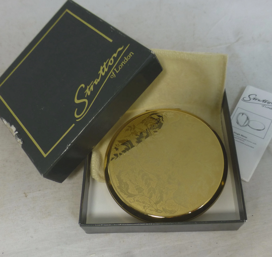 Vintage Pristine Cased Stratton Floral Gold Tone English Makeup Mirror/Powder Compact - Flower Engraved Design Cream Pouch, Care Leaflet