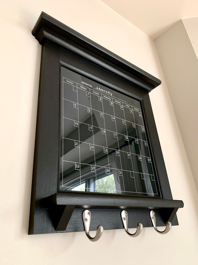 Black Dry Erase Calendar Organizer & Family Planner For Kitchen, Home Decor, Or Office Organizing With Shelf Key Hooks. Whiteboard