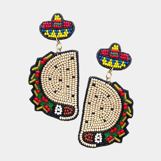 Felt Back Seed Beaded Hat Taco Dangle Earrings Seed Bead Felt Earrings Cinco De Mayo Jewelry