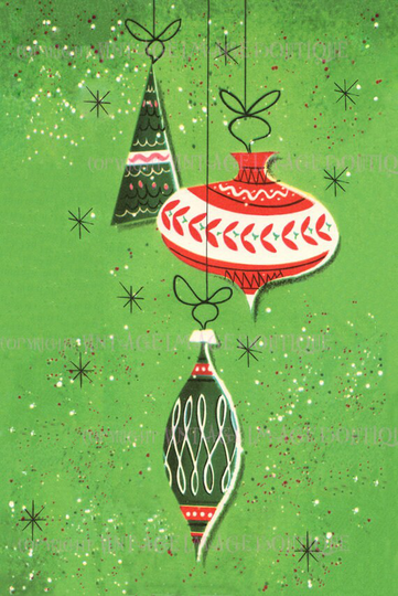 Fabulous 1950's Kitschy Mid Century Illustration Of Abstract Christmas Ornaments Seasonal Winter Solstice Holiday 5x7 Greeting Card