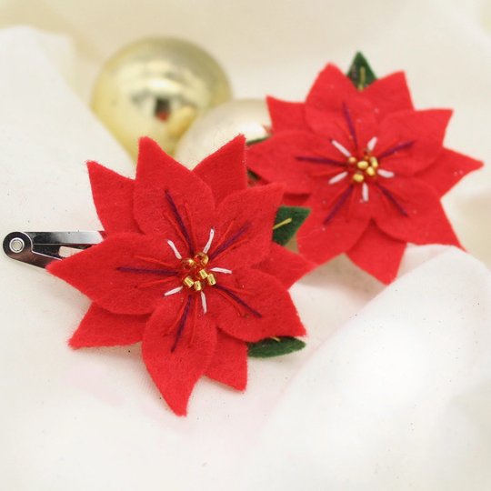 Poinsettia Hair Clips, Felt Red Flower Christmas Accessories, Holiday Season Festive Party Wear, Single Or Pairs Available
